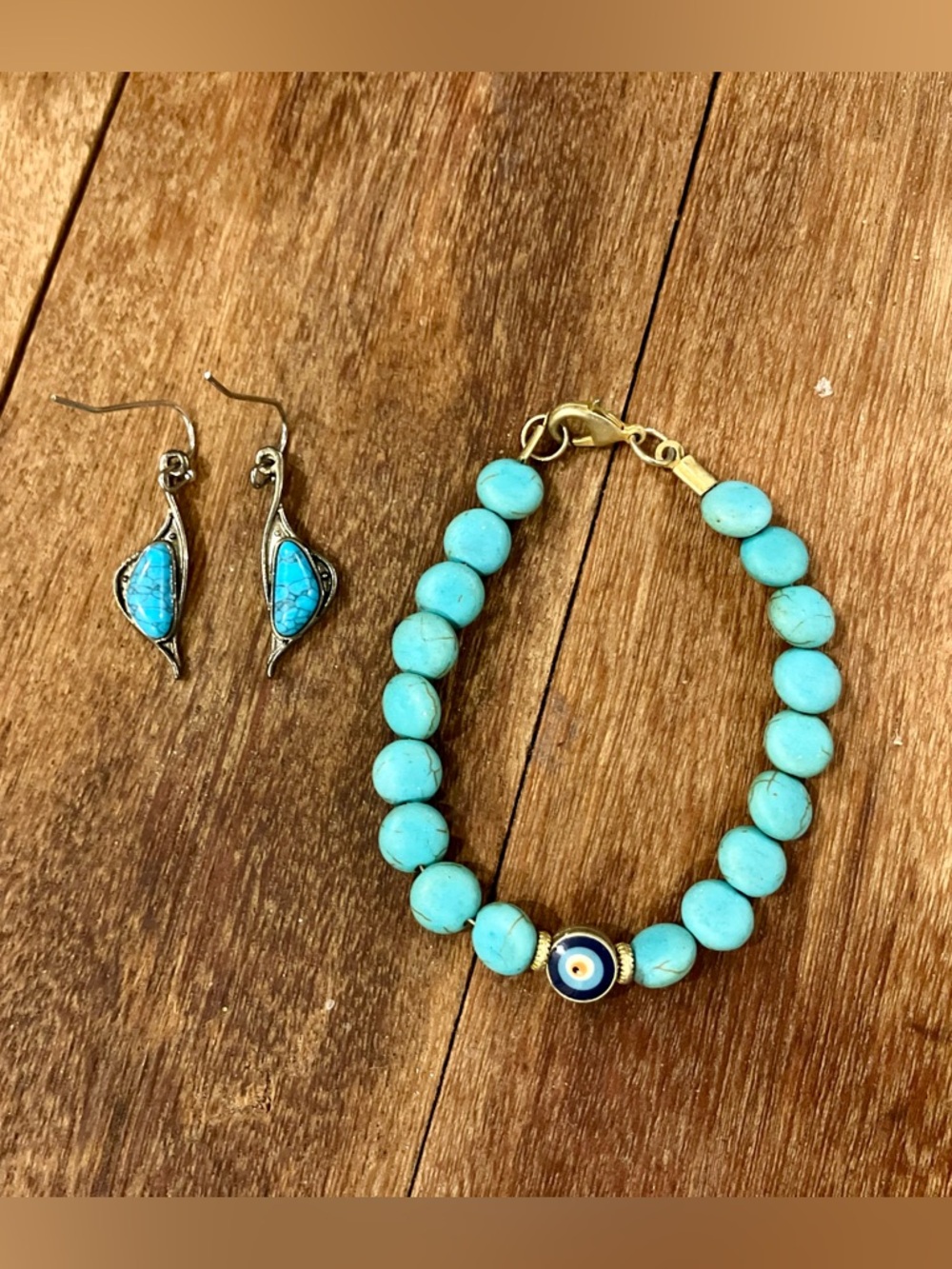 Set of Turquoise Colored Earrings and Beaded Bracelet; Some Corrosion on Clasp